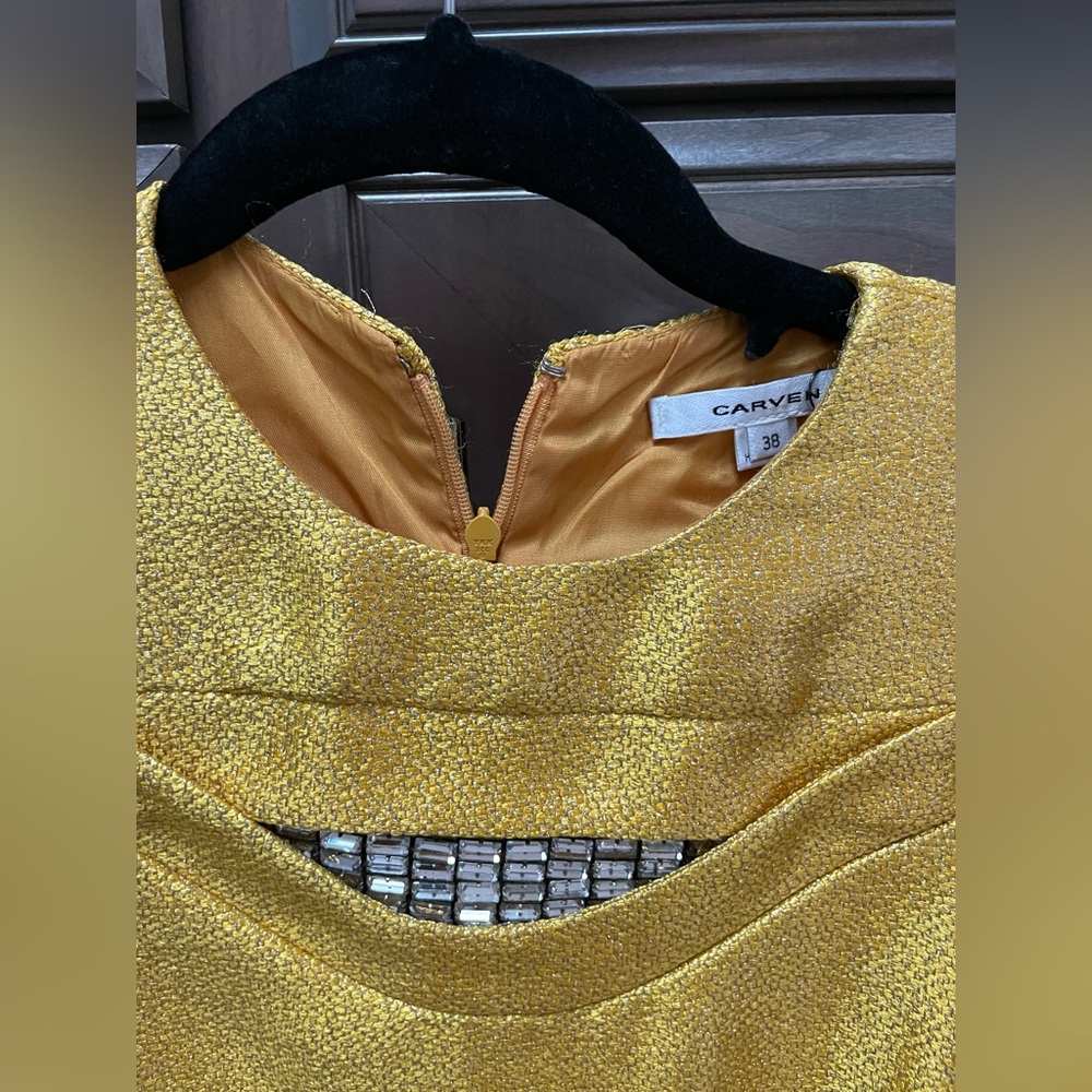 Carven Yellow Metallic Mini Belted Dress with Crystal Detail Size 38 - Picture 12 of 13